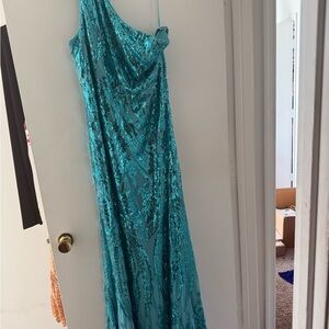 Fashion Nova One Shoulder Sequin Evening Formal Prom Elegant Dress in Teal
